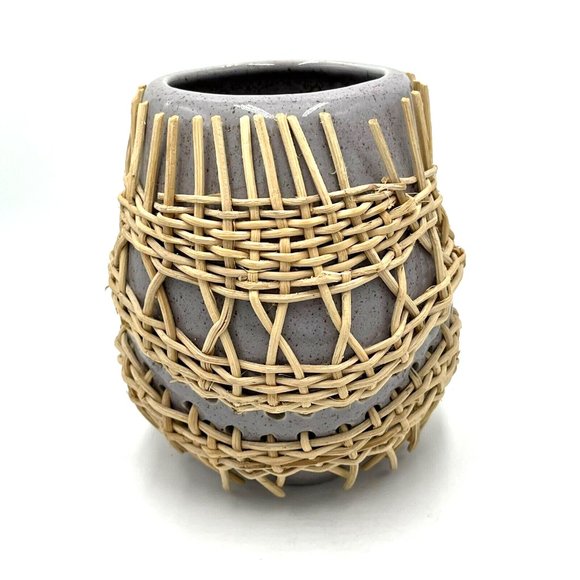 Anthropologie Woven Rattan Desk Collection Vase Vessel Grey 5.5" x 4.5" - Picture 1 of 6